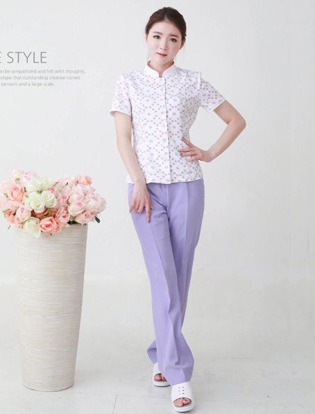 吉林定制立领短袖夏季护士服,粉色印花护士工作服套装